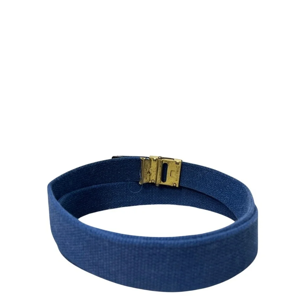 Vintage Merit Solid Brass Anchor Crest Web Belt Blue Canvas USA Made Military